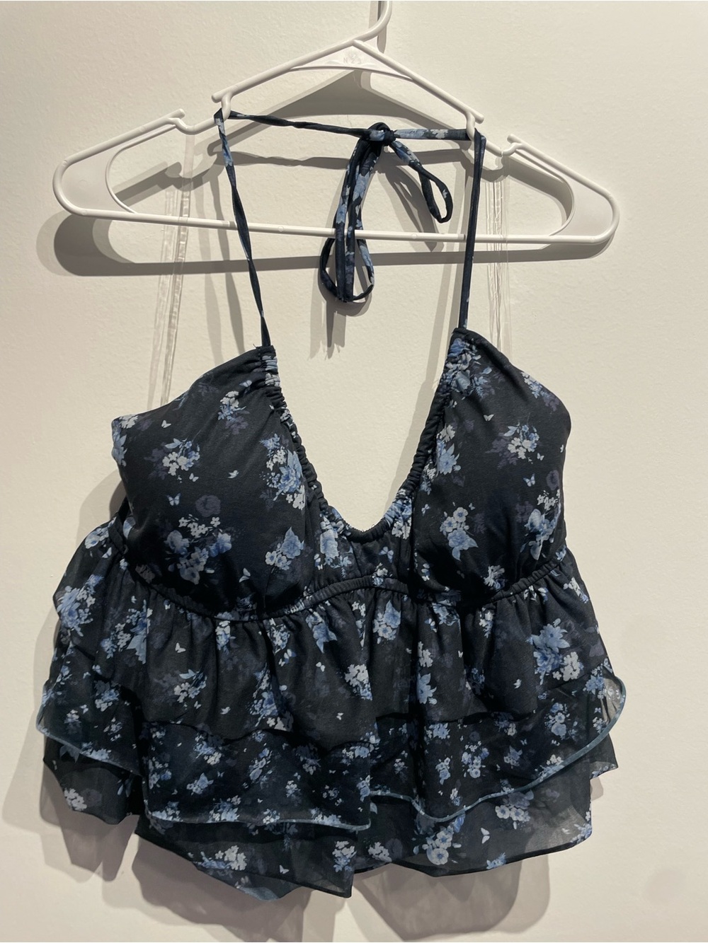 Wild Fable Women's Ruffle Halter Tank Top Navy Blue Floral Large NWT